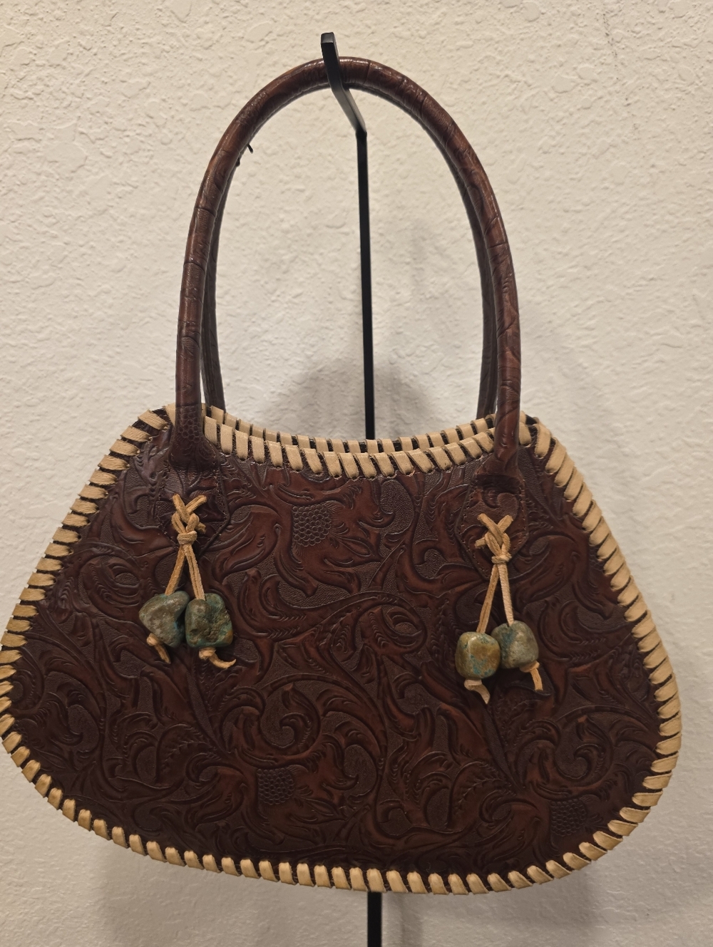 BARSE Embossed Leather  Purse with Turquoise Stones Leather Handbag 13"x8"x2"